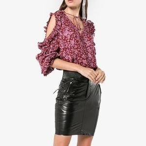 NWT Magda Butrym Floral Silk Ruffle Cold-Shoulder Blouse Burgundy Pink Size L